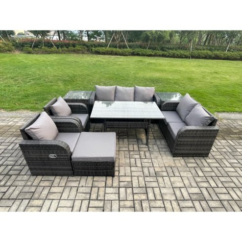 Fimous Dark Grey PE Wicker Rattan Garden Furniture Set Reclining Chair Love Sofa 2 Seater Sofa Set Outdoor Rectangular Dining Table Big Footstool 2 Side Tables 8 Seater