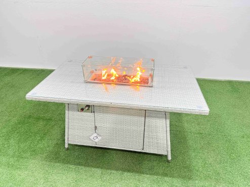 Fimous 7 Seat Rattan Garden Furniture Corner Sofa Set Outdoor Gas Fire Pit Table Set with Big Footstool Light Grey