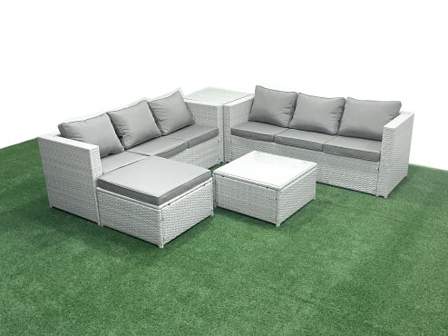 Fimous Rattan Garden Outdoor Furniture Set 7 Seater Rattan Garden Sofa Set with Big Footstool Side Table Light Grey Mixed