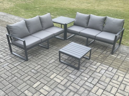 Fimous Aluminium 4 Pieces Garden Furniture Sofa Set with Cushions 6 Seater Outdoor Patio Set with Square Coffee Table Side Table Dark Grey