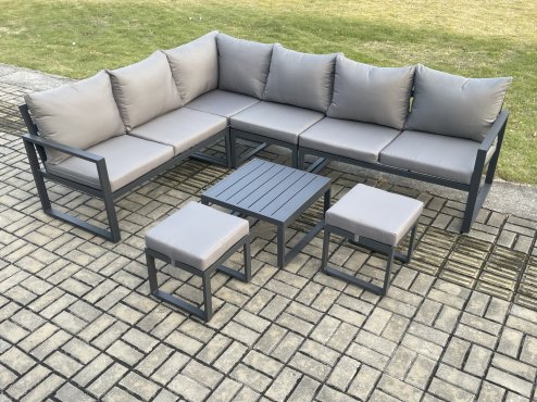 Fimous 8 Seater Aluminium Garden Furniture Set Outdoor Lounge Corner Sofa Square Coffee Table Sets with 2 Small Footstools Dark Grey