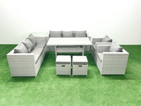 Fimous Rattan Garden Furniture Set Outdoor 8 Seater Patio Dinin g Sofa Sets with Dining Table 2 Chairs Side Table 2 Small Footstools Light Grey Mixed
