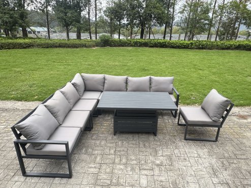 Fimous L-shaped Garden Furniture Set 13-Seater Aluminium Outdoor Dining Set with Adjustable Rising Lifting Dining Table 3 Footstools 3 Chairs Dark Grey