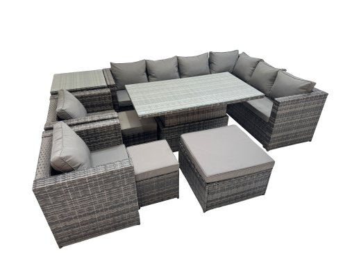 Fimous 11 Seater Rattan Height Adjustable Rising Lifting Table Corner Sofa Sets with 2 Chairs 3 Stool Side Table Dark Grey Mixed