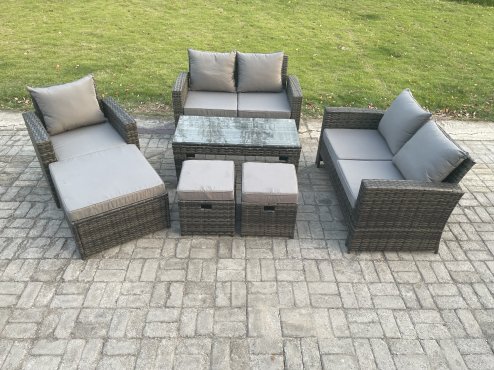 Fimous Outdoor Rattan Patio Furniture Set Garden Lounge Sofa Set with 3 Footstools Coffee Table Dark Grey Mixed
