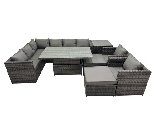 Fimous 10-seater Height Adjustable Rising Lifting Table Corner Sofa Set Rattan Garden Furniture Dining Set with 2 Big Stools Side Table Dark Grey Mixed