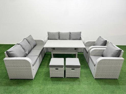 Fimous PE Rattan High Back Lounge Sofa Set Patio Rectangular Dining Table & Chairs Set with 3 Seater Sofa Reclining Chair Stools Light Grey