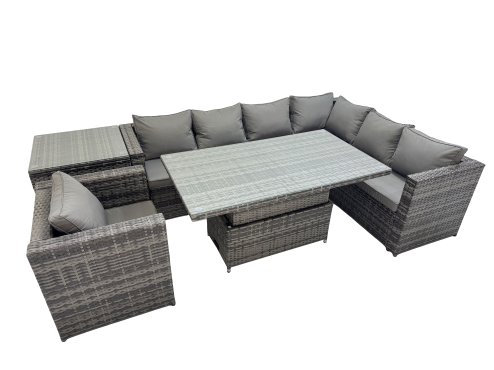 Fimous 7 Seater Rattan Height Adjustable Rising Lifting Table Corner Sofa Sets with Chair Side Table Dark Grey Mixed