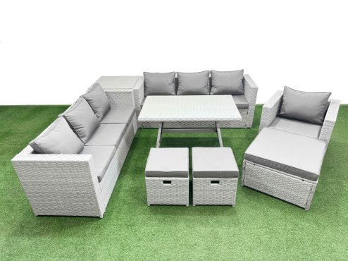 Fimous Outdoor Rattan Garden Furniture Dining Set 10-seater Patio Rectangular Table 3 Seater Sofa Armchair Set with Side Table 3 Stools