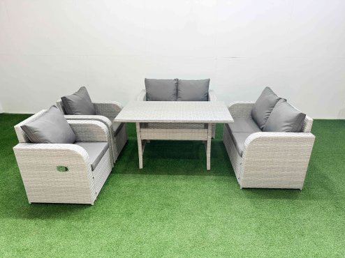 Fimous 6 Seater Outdoor Reclining Chair Love Sofa Set Rattan Garden Furniture Set with Rectangular Dining Table Light Grey