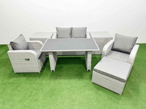 Fimous Outdoor Rattan Garden Furniture Dining Set 5-seater Patio Rectangular Table Love Sofa Reclining Chair Set with 2 Side Tables Big Stool