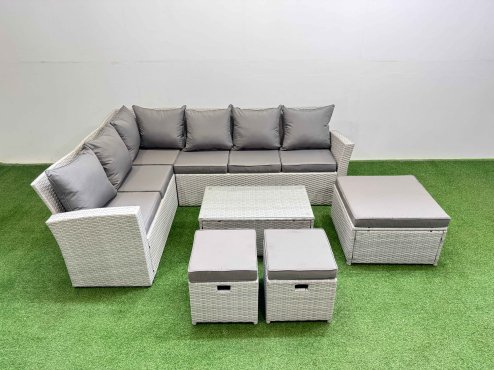 Fimous Outdoor Rattan Garden Furniture Set 9 Seater Corner Sofa Sets with Square Coffee Table 3 Footstools Light Grey Mixed