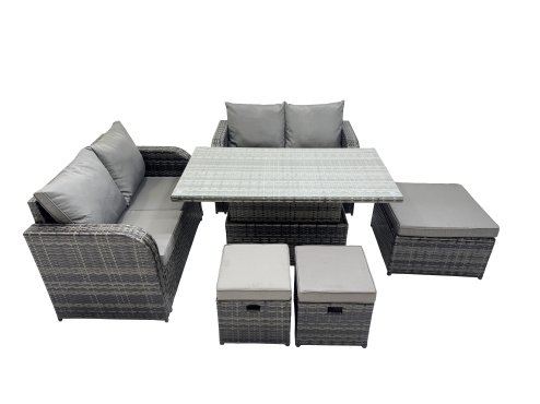 Fimous 7-seater Patio Height Adjustable Rising Lifting Table Sofa Sets Rattan Garden Furniture Dining Set with 3 Stools Dark Grey Mixed