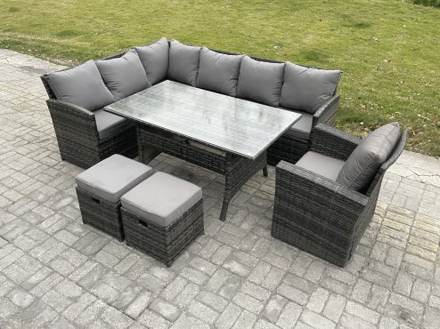 Fimous Outdoor Rattan Garden Furniture Corner Sofa Set with Rectangular Dining Table 2 Small Footstools Armchair Patio Wicker Rattan Set Dark Grey Mixed