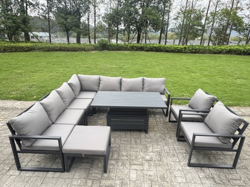 Fimous 9 Seater Aluminium Sofa Set 8 Pieces Outdoor Garden Furniture - Rising Dining Table with Cushions Chair Big Footstool Dark Grey