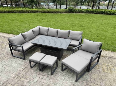 Fimous Aluminium Adjustable Rising Lifting Dining Table Sofa Set 9 Seat Aluminium Garden Furniture Sets with 3 Footstools Dark Grey