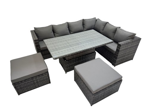 Fimous 8 Seater Rattan Height Adjustable Rising Lifting Table Corner Sofa Sets with 2 Big Footstools Dark Grey Mixed