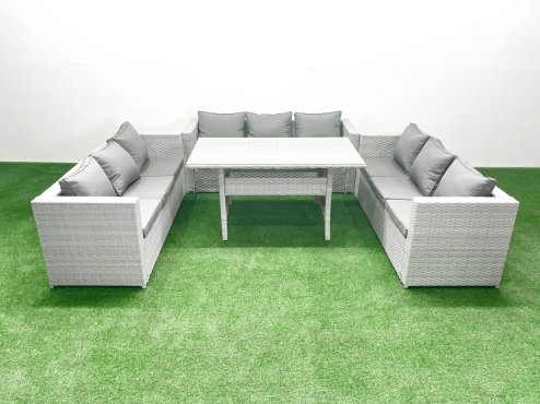 Fimous Rattan Garden Outdoor Furniture Set 9 Seater Garden Sofa Rectangulr Dining Table Set Light Grey Mixed