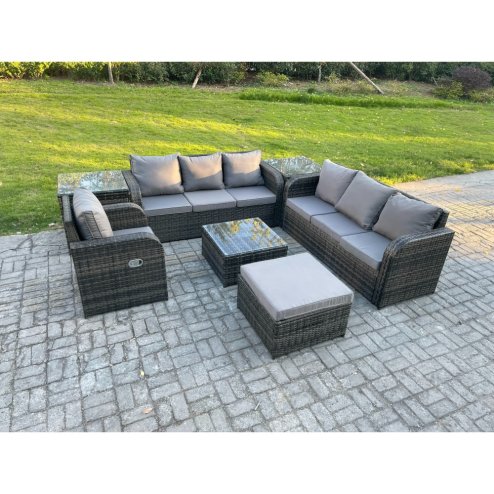 Fimous Outdoor Rattan Garden Furniture Set Conservatory Patio Sofa Coffee Table With Reclining Chair 2 Side Tables Big Footstool Dark Grey Mixed