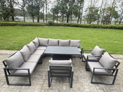 Fimous 10 Piece L-shaped Garden Furniture Set 11-Seater Aluminium Outdoor Dining Set with Adjustable Rising Lifting Dining Table 2 Chairs 2 Small Footstools Dark Grey