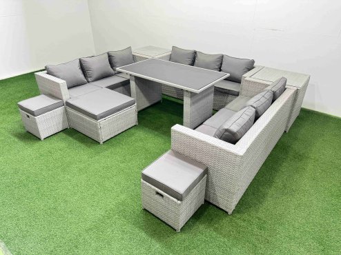 Fimous Patio Outdoor Garden Furniture Sets with Black Glass Top Dining Table 3 Seater Sofa 2 Side Tables 3 Stool Light Grey