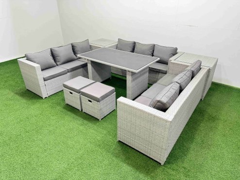 Fimous Patio Outdoor Garden Furniture Sets with Black Glass Top Dining Table 3 Seater Sofa 2 Side Tables 2 Small Stool Light Grey