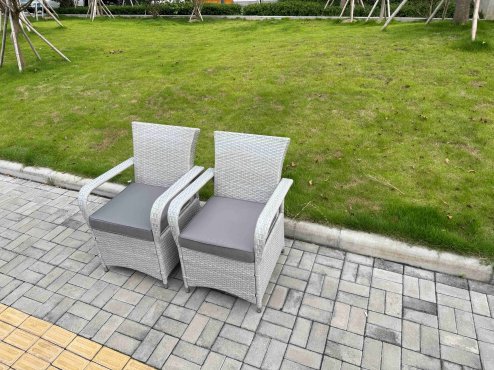 Fimous Light Grey Rattan Outdoor Garden furniture Set Black Tempered Glass Dining Table and 4 Chairs Set with Seat Cushion
