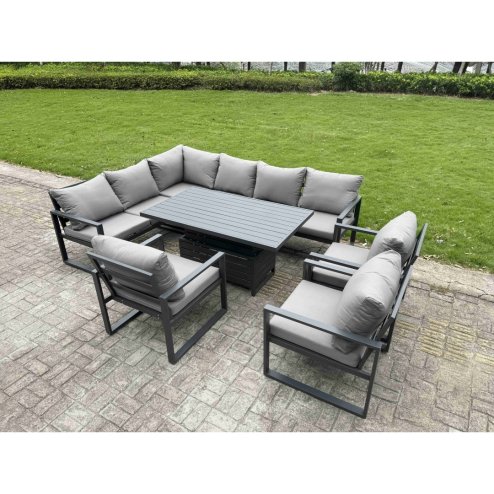 Fimous 9 Pieces Aluminium Garden Furniture Sets with Adjustable Rising Lifting Dining Table,Chair,2 Small Footstools 10 Seater Corner Sofa Set Dark Grey