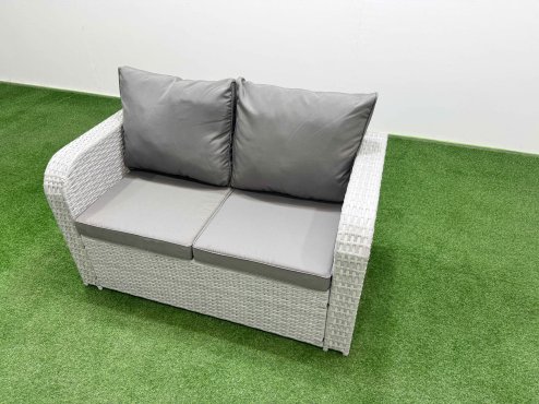 Fimous 5 Seater Outdoor Love Sofa Set Rattan Garden Furniture Set with Firepit Dining Table Big Footstool 2 Side Tables Light Grey