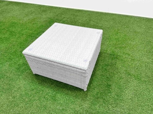 Fimous PE Rattan High Back Lounge Sofa Set Patio Square Coffee Table & Chairs Set with 3 Seater Sofa Reclining Chair Side Table Light Grey