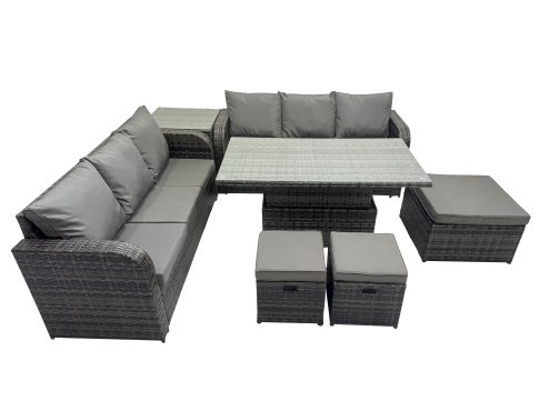Fimous Rattan Garden Furniture Dining Set 9-seater Patio Height Adjustable Rising Lifting Table Sofa Set with Side Table 3 Footstools Dark Grey Mixed