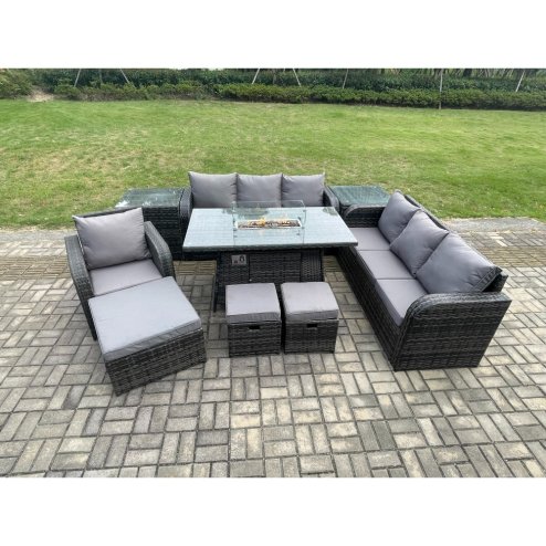Fimous Wicker Rattan Garden Furniture Set Gas Fire Pit Dining Table Reclining Chair 3 Seater Sofa Set Indoor Outdoor with 2 Side Tables 3 Footstools 10 Seater