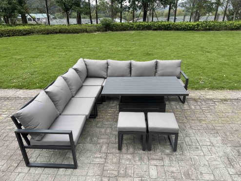 Fimous 6 Piece L-shaped Garden Furniture Set 7-Seater Aluminium Outdoor Dining Set with Adjustable Rising Lifting Dining Table Dark Grey