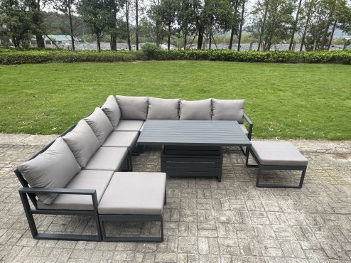 Fimous 11 Seater Aluminium Sofa Set 10 Pieces Outdoor Garden Furniture - Rising Dining Table with Cushions Big Footstool 3 Chairs Footstool Dark Grey