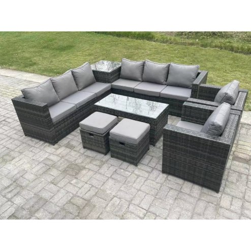 Fimous 10 Seater Rattan Corner Sofa Set With Square Side Table And Oblong Rectangular Coffee Tea Table 2 PC Arm Chair 2 Stools Dark Grey Mixed