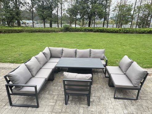 Fimous 11 Pieces Aluminium Garden Furniture Set with Cushions, Patio Furniture Set with Adjustable Rising Lifting Dining Table 3 Footstools Dark Grey