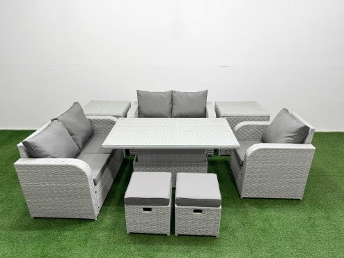 Fimous High Back Poly Rattan Garden Furniture Set with Reclining Chair Loveseat Sofa Adjustable Lifting Dining or Coffee Table Indoor Outdoor Patio Set 2 Stool 2 Side Table Light Grey
