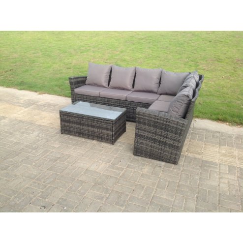 Fimous High Back Rattan Corner Sofa Set Oblong Coffee Table Outdoor Furniture dark Grey Right Option