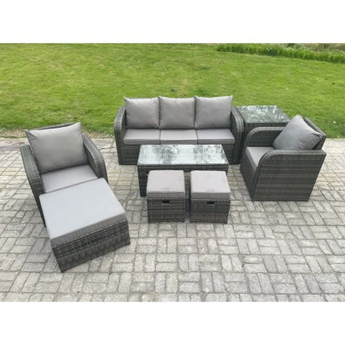 Fimous 8 Seater Rattan Garden Furniture Set with Rectangular Coffee Table Side Table 3 Footstools Patio Outdoor Lounge Sofa Set