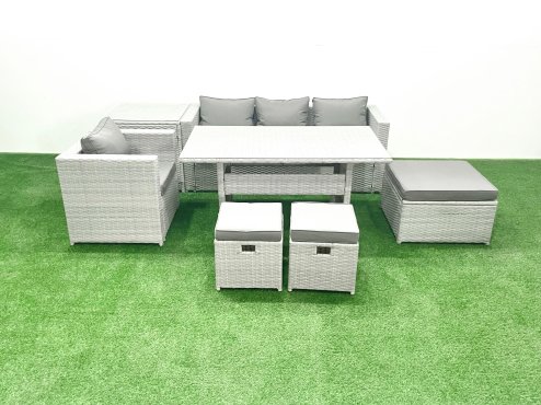 Fimous Rattan Garden Furniture Dining Set 7 Seater Lounge Sofa Chair Dining Table Set with 3 Footstools Side Table Light Grey Mixed
