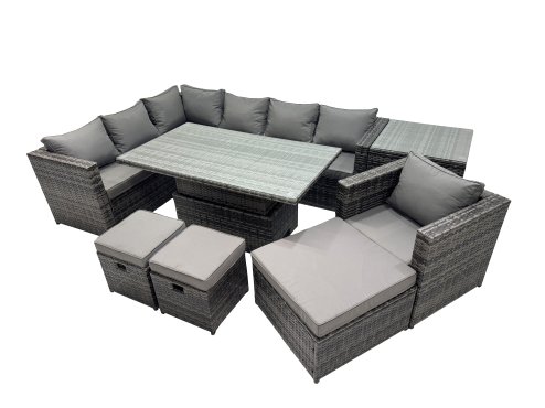 Fimous 10-seater Height Adjustable Rising Lifting Table Corner Sofa Set Rattan Garden Furniture Dining Set with 3 Stool Side Table Dark Grey Mixed