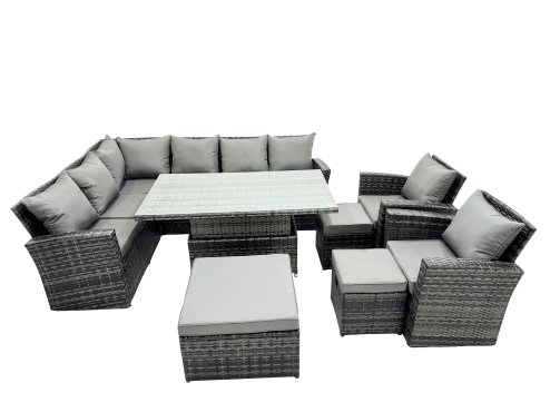 Fimous Poly Rattan Outdoor Patio Height Adjustable Rising Lifting Table Corner Sofa Set with 3 Stool,2 Chairs for Garden Backyard Dark Grey Mixed