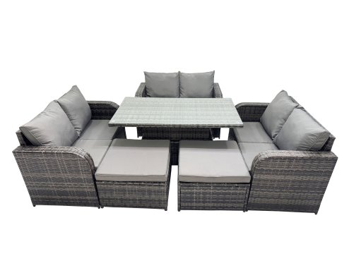 Fimous 8-seater Patio Height Adjustable Rising Lifting Table Sofa Sets Rattan Garden Furniture Dining Set with 2 Big Stools Dark Grey Mixed