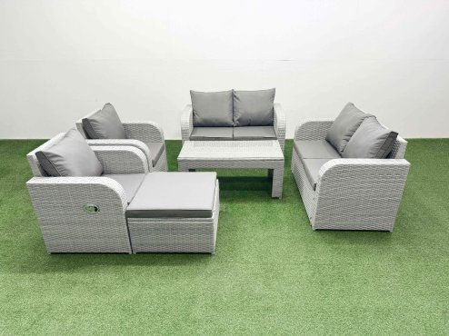 Fimous 7 Seater Outdoor Reclining Chair Love Sofa Set Rattan Garden Furniture Set with Oblong Coffee Table Footstool Light Grey