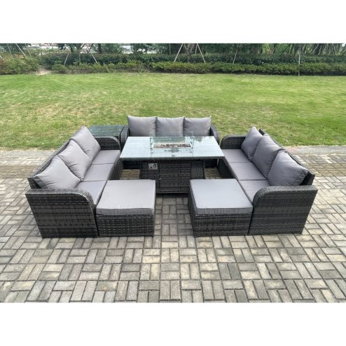 Fimous Outdoor Rattan Furniture Garden Dining Set Gas Fire Pit Table With Side Table Lounge Sofa 2 Big Footstool