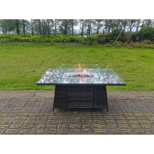 Fimous Outdoor Rattan Garden Corner Furniture Gas Fire Pit Dining Table Gas Heater Sets Lounge Chairs Side Table Dark Grey 8 Seater