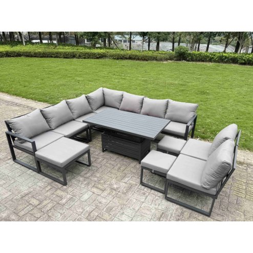 Fimous 10 Pieces Aluminium Garden Furniture Set with Cushions, Patio Furniture Set with Adjustable Rising Lifting Dining Table 2 Big Footstools Dark Grey