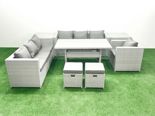 Fimous 8 Pieces Outdoor Rattan Sofa Set with Cushions Patio Garden Furniture Sets with Armchair Dining Table 2 Side Tables 2 Small Footstools