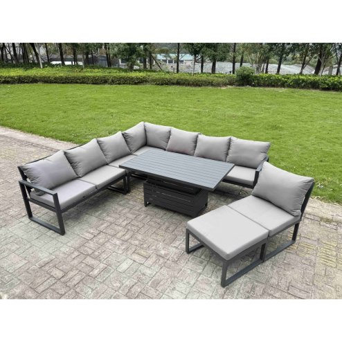 Fimous 9 Pieces Aluminium Garden Furniture Set with Cushions, Patio Furniture Set with Adjustable Rising Lifting Dining Table 2 Small Footstools Dark Grey