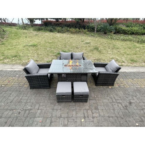 Fimous Rattan Outdoor Furniture Gas Fire Pit Rectangle Dining Table Gas Heater Chairs Two Seater Love Sofa Sets Footstools 6 Seater